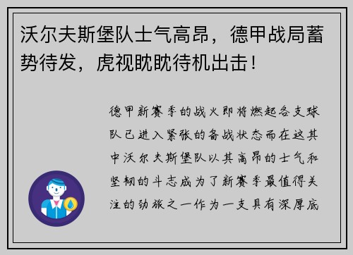 沃尔夫斯堡队士气高昂，德甲战局蓄势待发，虎视眈眈待机出击！