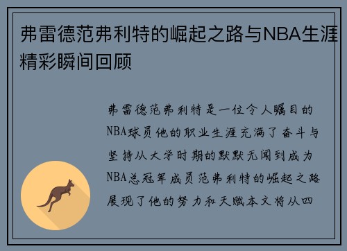弗雷德范弗利特的崛起之路与NBA生涯精彩瞬间回顾