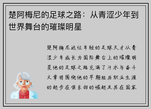 楚阿梅尼的足球之路：从青涩少年到世界舞台的璀璨明星
