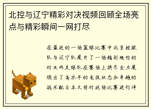 北控与辽宁精彩对决视频回顾全场亮点与精彩瞬间一网打尽