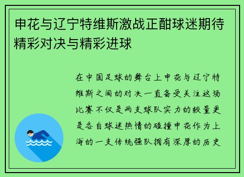 申花与辽宁特维斯激战正酣球迷期待精彩对决与精彩进球