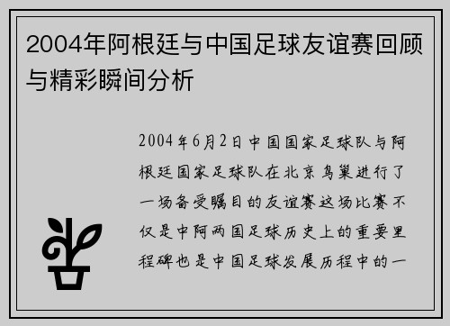2004年阿根廷与中国足球友谊赛回顾与精彩瞬间分析