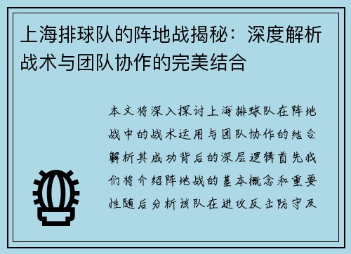 上海排球队的阵地战揭秘：深度解析战术与团队协作的完美结合