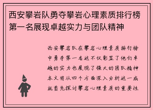 西安攀岩队勇夺攀岩心理素质排行榜第一名展现卓越实力与团队精神