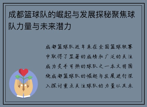 成都篮球队的崛起与发展探秘聚焦球队力量与未来潜力
