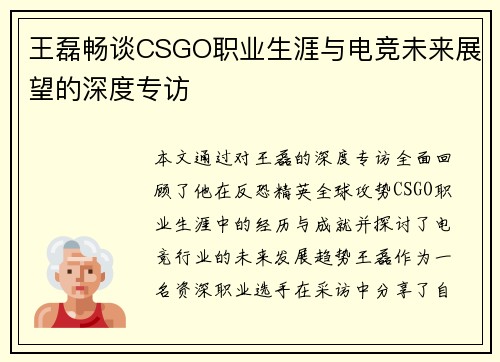 王磊畅谈CSGO职业生涯与电竞未来展望的深度专访