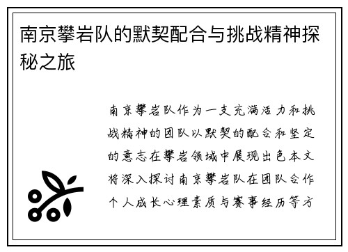 南京攀岩队的默契配合与挑战精神探秘之旅